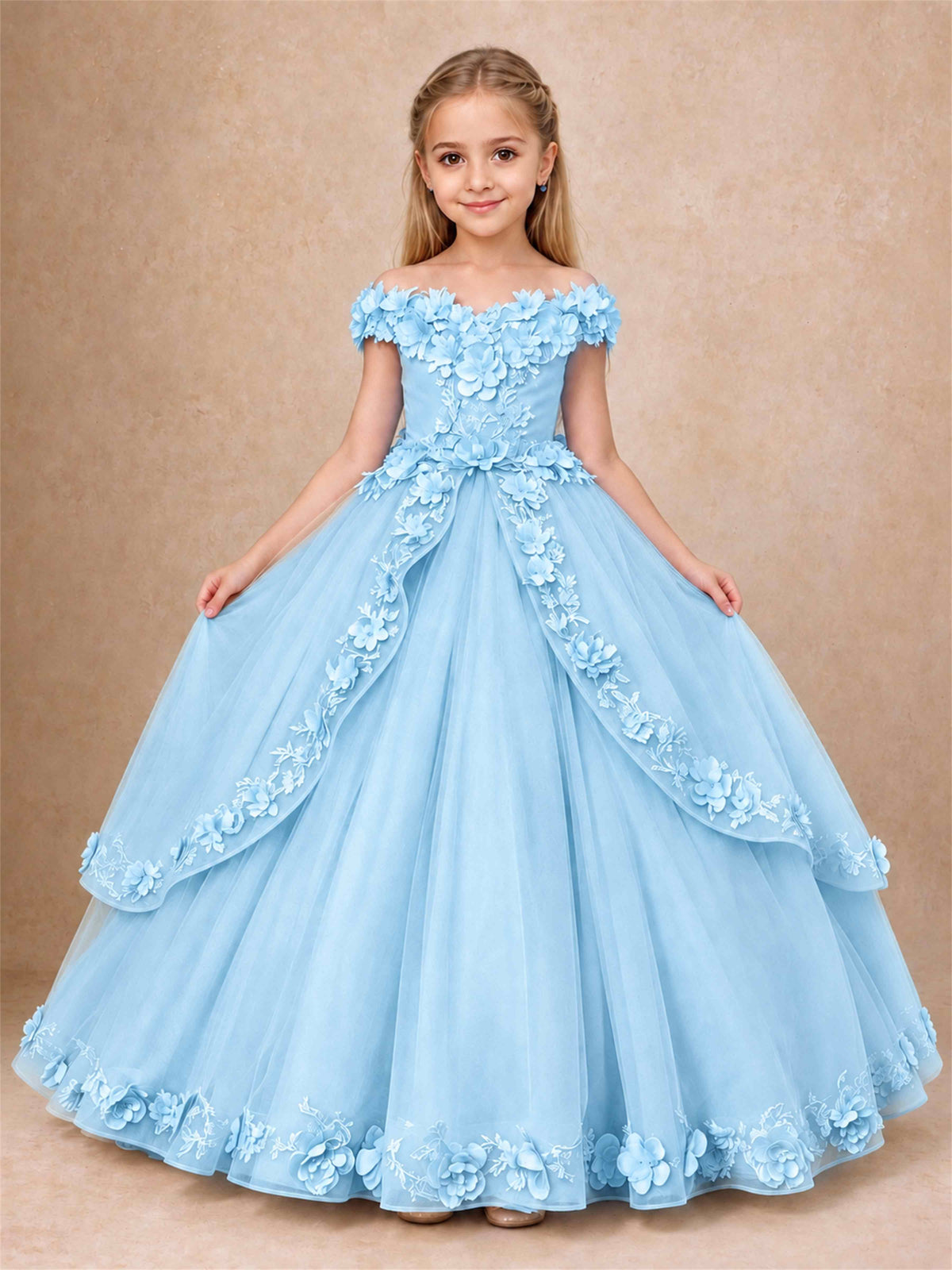 Girls Pageant Dresses Off Shoulder 3D Floral Tulle Long Ball Gown for Wedding Flower Girl