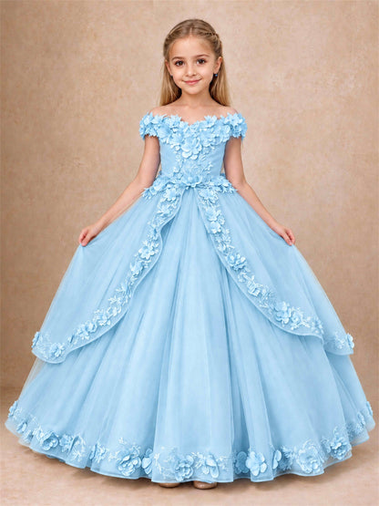 Girls Pageant Dresses Off Shoulder 3D Floral Tulle Long Ball Gown for Wedding Flower Girl