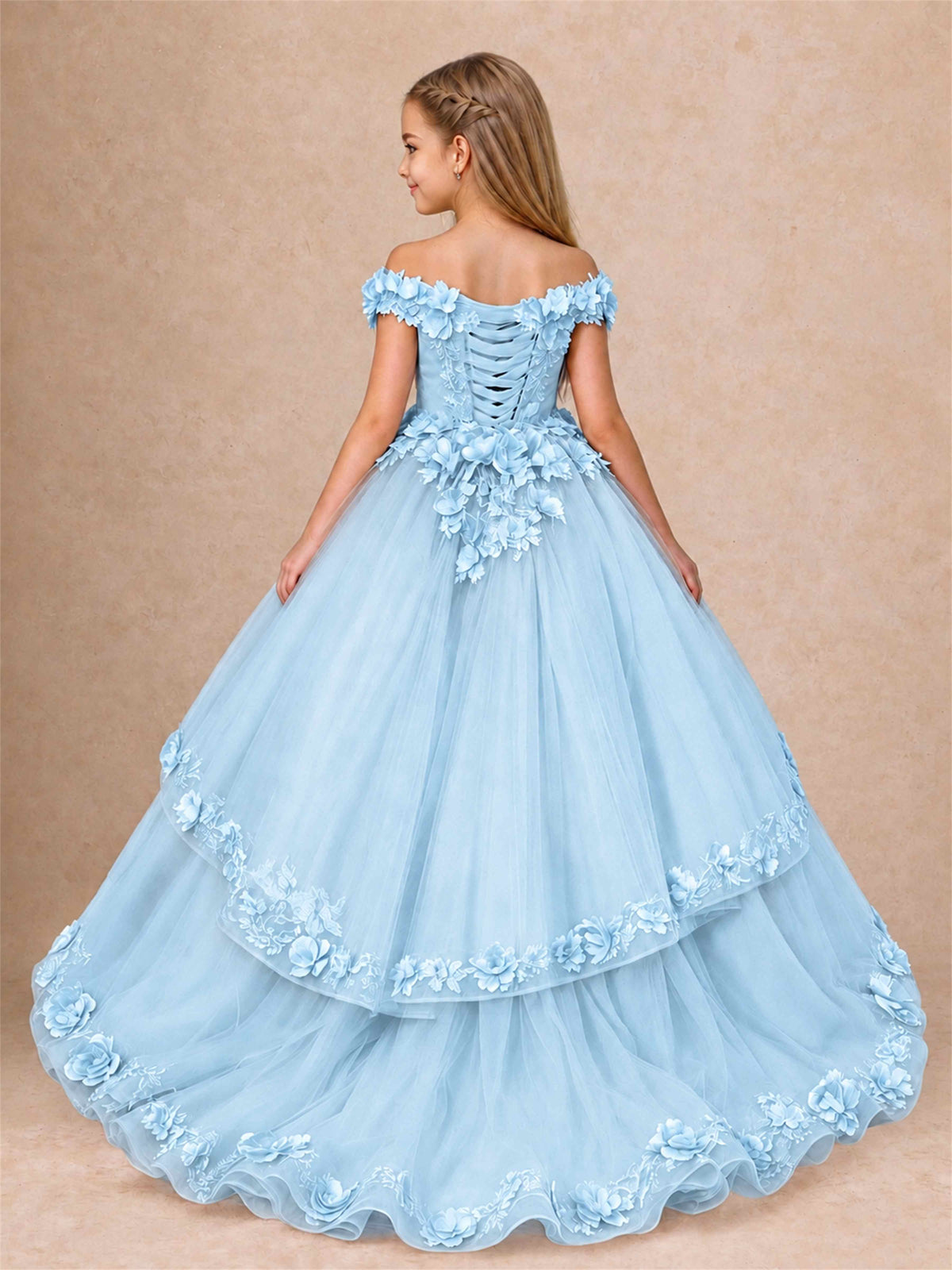 Girls Pageant Dresses Off Shoulder 3D Floral Tulle Long Ball Gown for Wedding Flower Girl