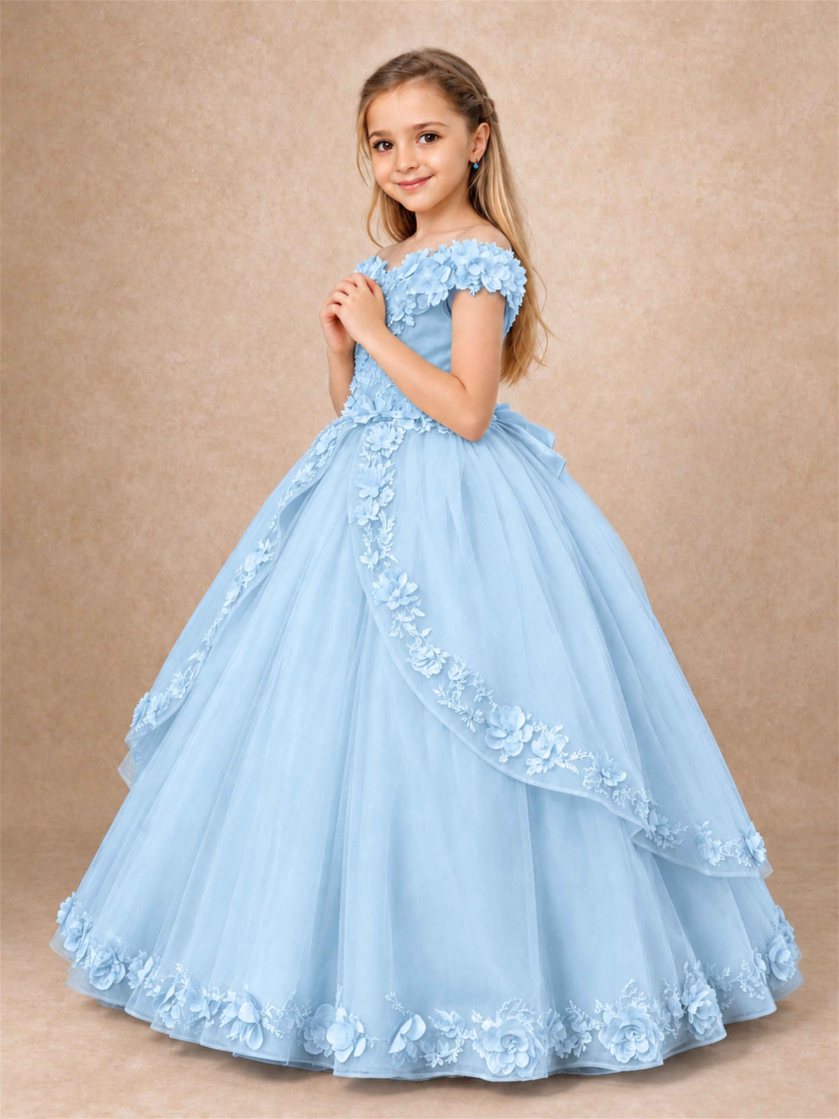 Girls Pageant Dresses Off Shoulder 3D Floral Tulle Long Ball Gown for Wedding Flower Girl