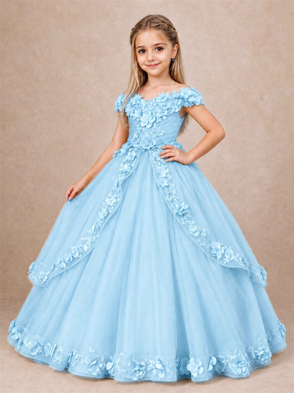 Girls Pageant Dresses Off Shoulder 3D Floral Tulle Long Ball Gown for Wedding Flower Girl