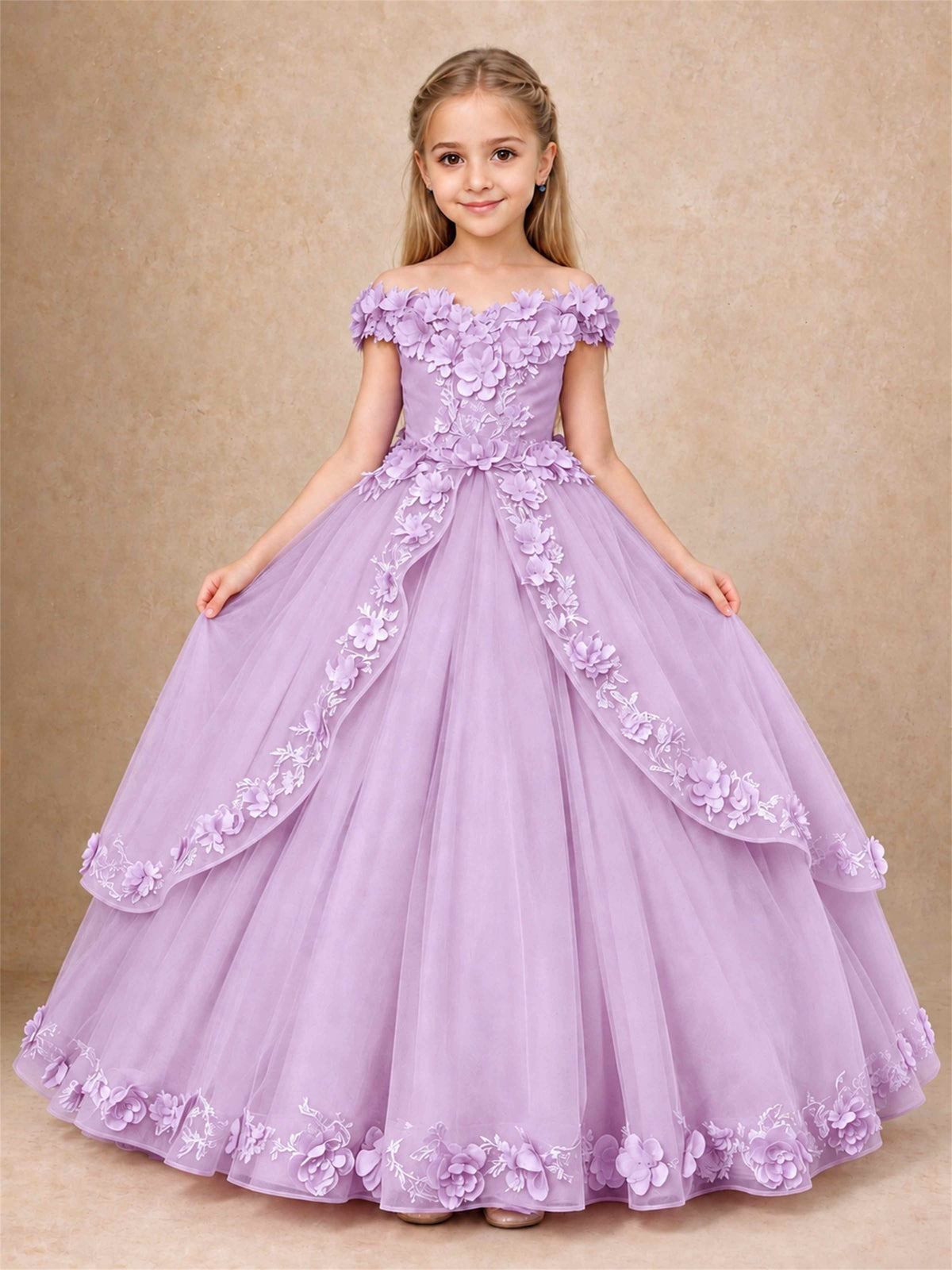 Girls Pageant Dresses Off Shoulder 3D Floral Tulle Long Ball Gown for Wedding Flower Girl