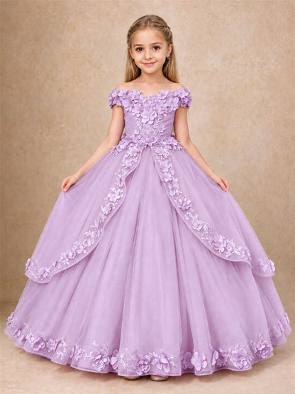 Girls Pageant Dresses Off Shoulder 3D Floral Tulle Long Ball Gown for Wedding Flower Girl
