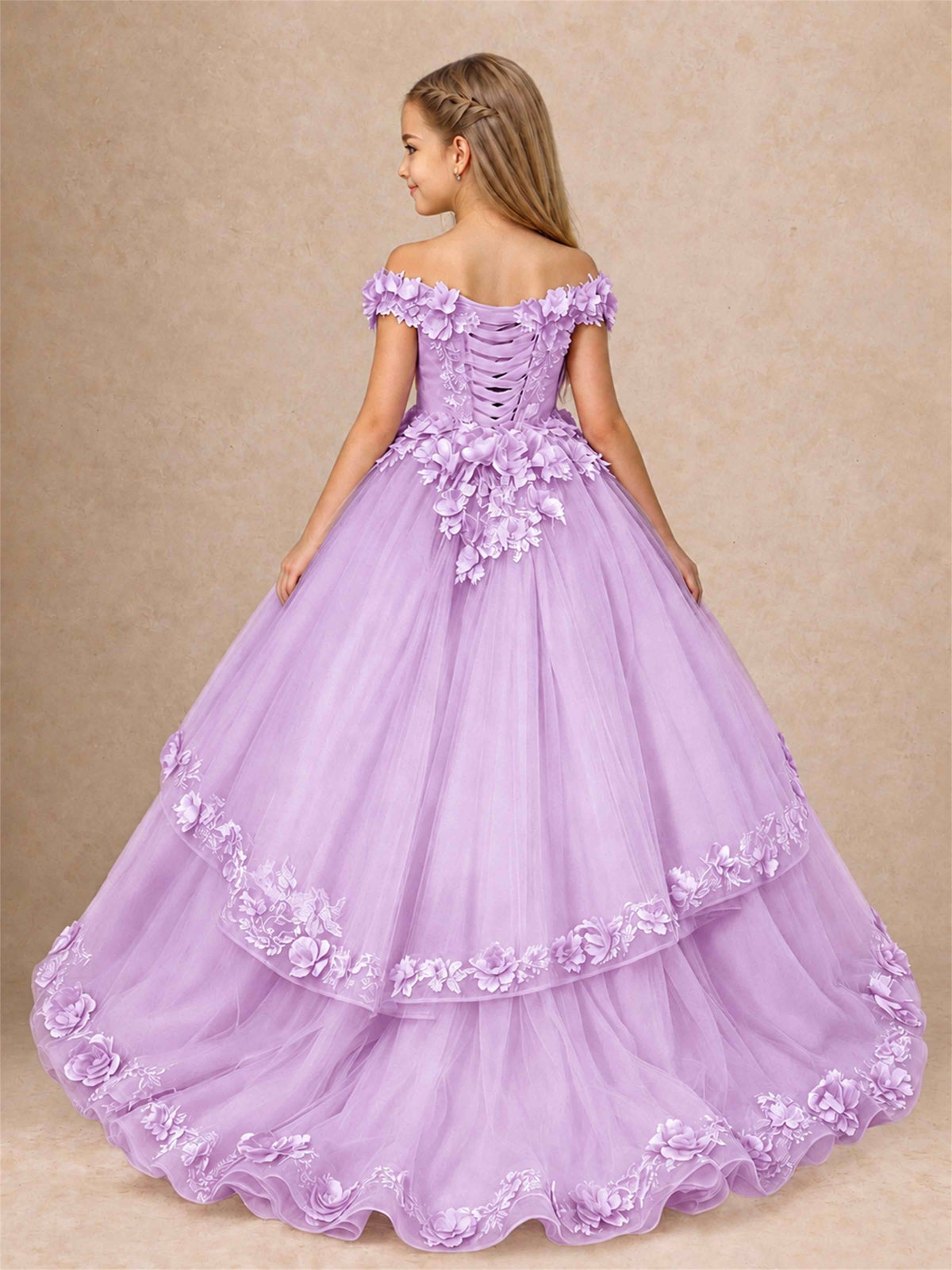 Girls Pageant Dresses Off Shoulder 3D Floral Tulle Long Ball Gown for Wedding Flower Girl