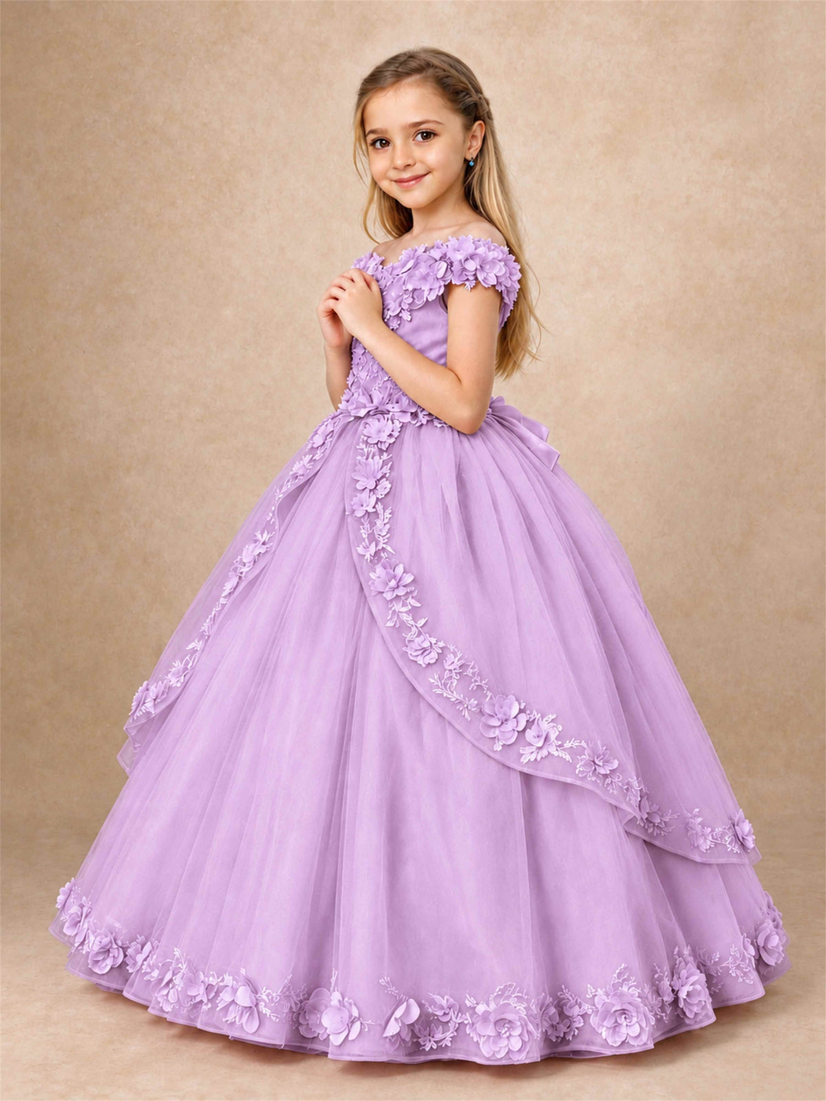 Girls Pageant Dresses Off Shoulder 3D Floral Tulle Long Ball Gown for Wedding Flower Girl