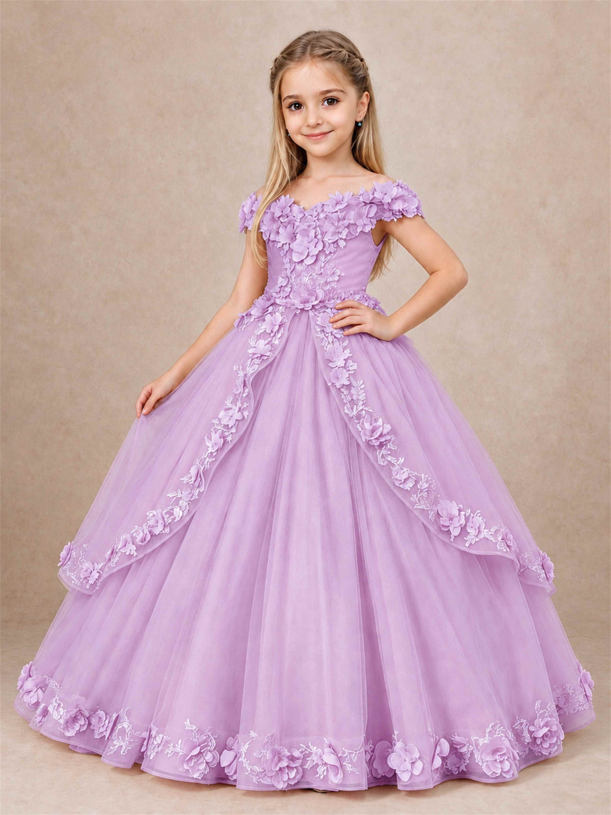 Girls Pageant Dresses Off Shoulder 3D Floral Tulle Long Ball Gown for Wedding Flower Girl