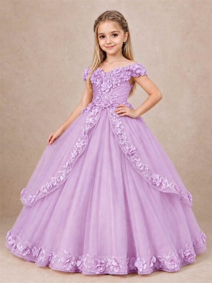 Girls Pageant Dresses Off Shoulder 3D Floral Tulle Long Ball Gown for Wedding Flower Girl