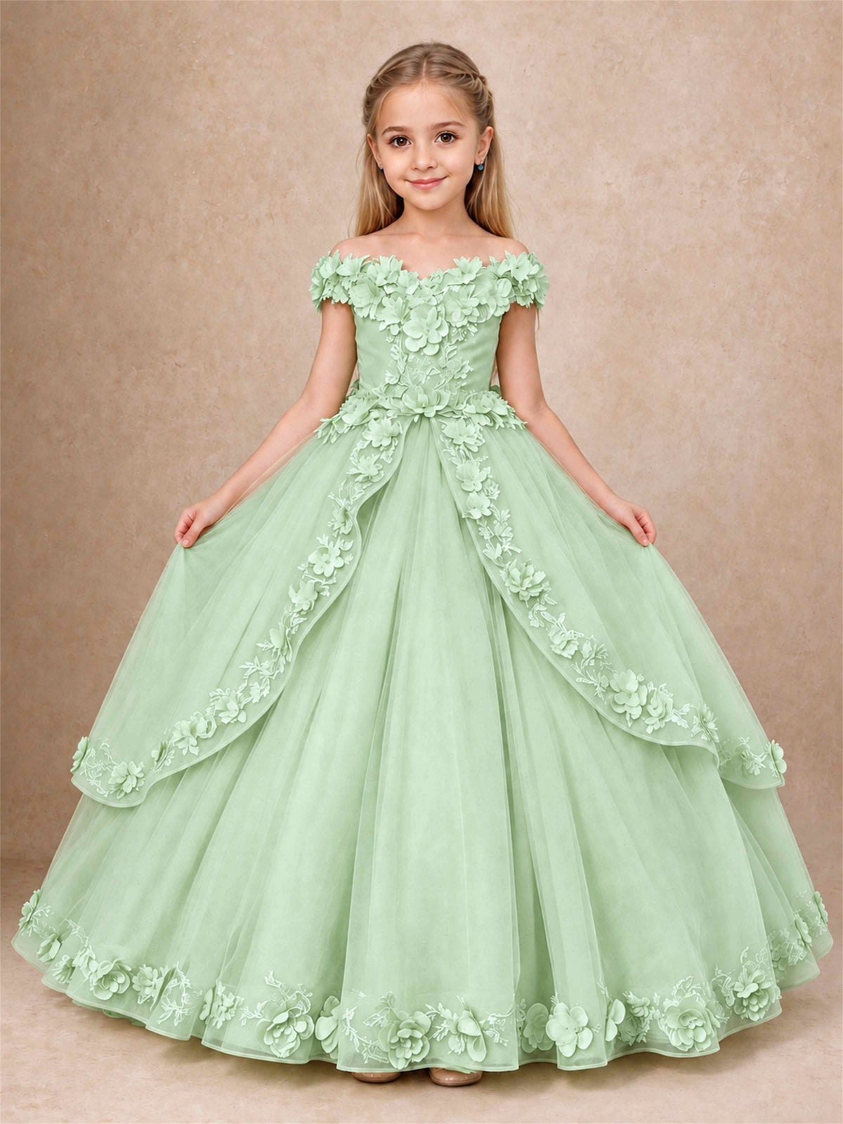 Girls Pageant Dresses Off Shoulder 3D Floral Tulle Long Ball Gown for Wedding Flower Girl