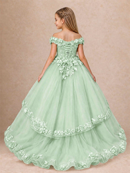 Girls Pageant Dresses Off Shoulder 3D Floral Tulle Long Ball Gown for Wedding Flower Girl