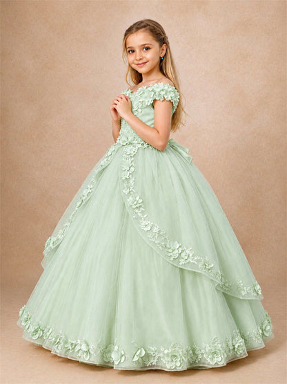 Girls Pageant Dresses Off Shoulder 3D Floral Tulle Long Ball Gown for Wedding Flower Girl
