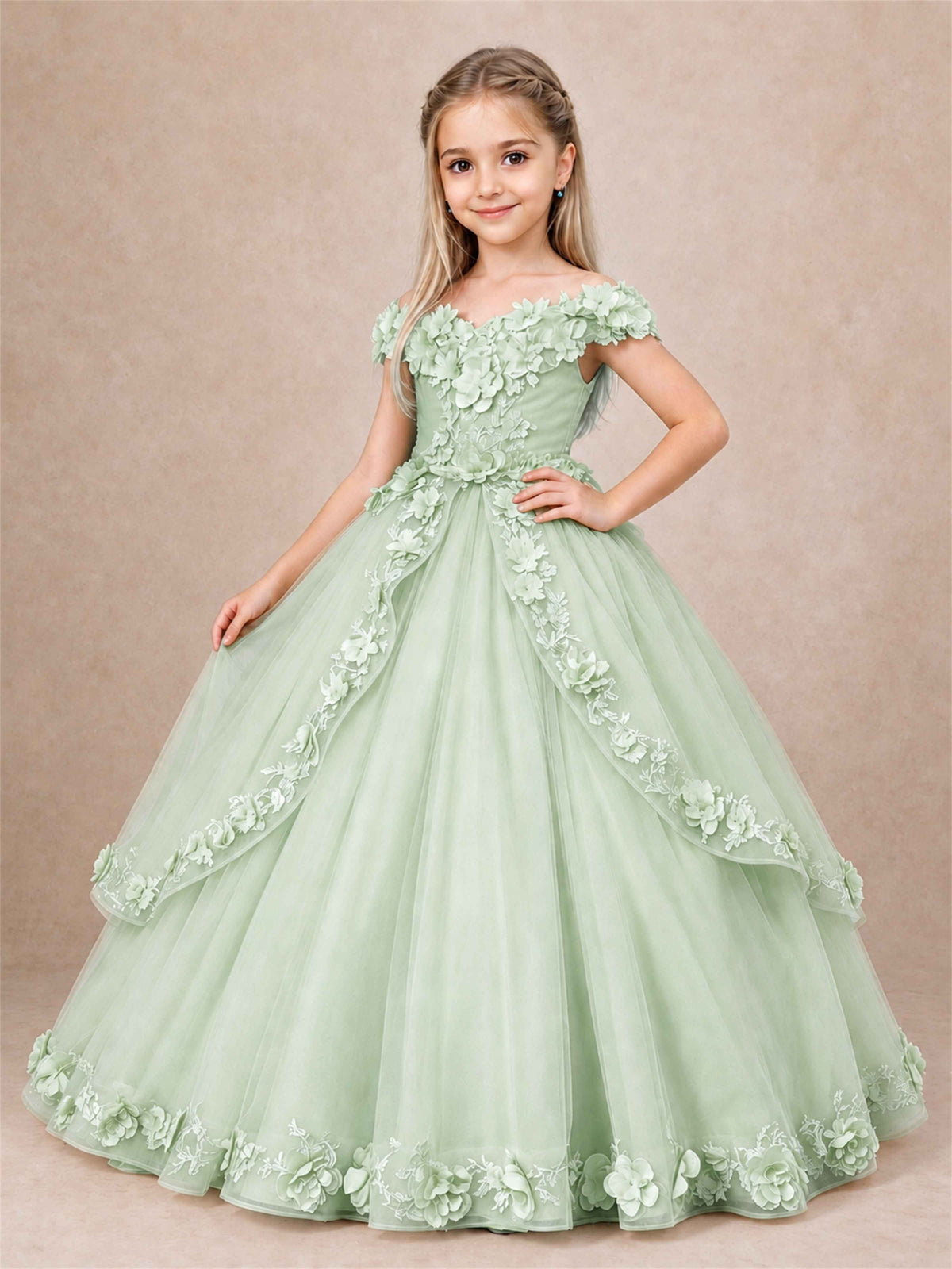 Girls Pageant Dresses Off Shoulder 3D Floral Tulle Long Ball Gown for Wedding Flower Girl