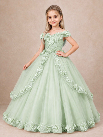 Girls Pageant Dresses Off Shoulder 3D Floral Tulle Long Ball Gown for Wedding Flower Girl