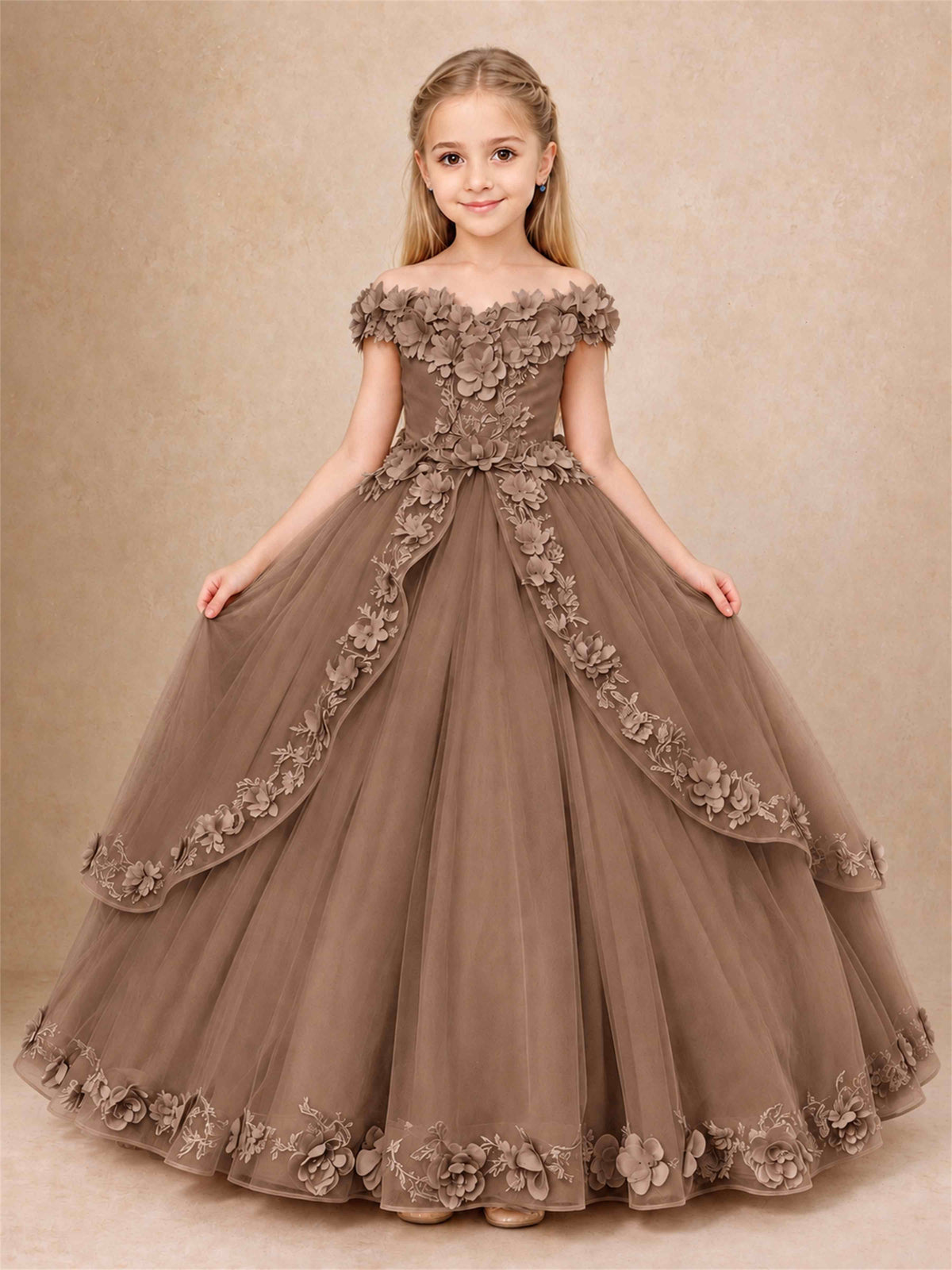 Girls Pageant Dresses Off Shoulder 3D Floral Tulle Long Ball Gown for Wedding Flower Girl