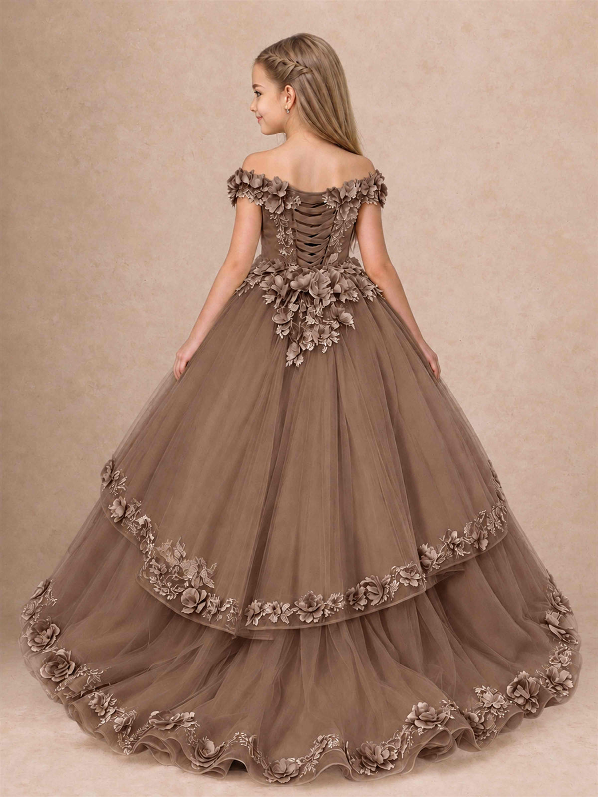 Girls Pageant Dresses Off Shoulder 3D Floral Tulle Long Ball Gown for Wedding Flower Girl