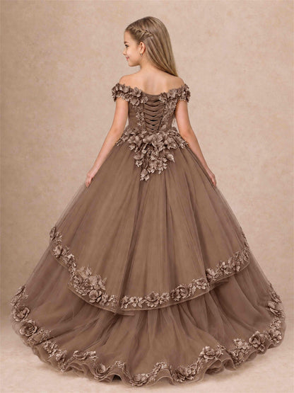 Girls Pageant Dresses Off Shoulder 3D Floral Tulle Long Ball Gown for Wedding Flower Girl