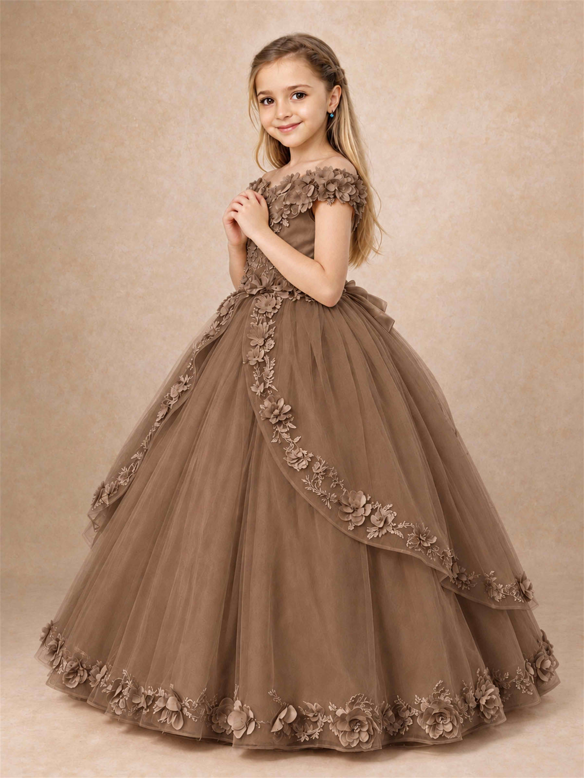 Girls Pageant Dresses Off Shoulder 3D Floral Tulle Long Ball Gown for Wedding Flower Girl