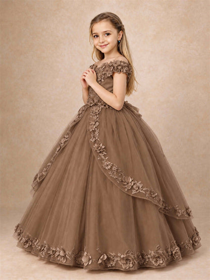 Girls Pageant Dresses Off Shoulder 3D Floral Tulle Long Ball Gown for Wedding Flower Girl