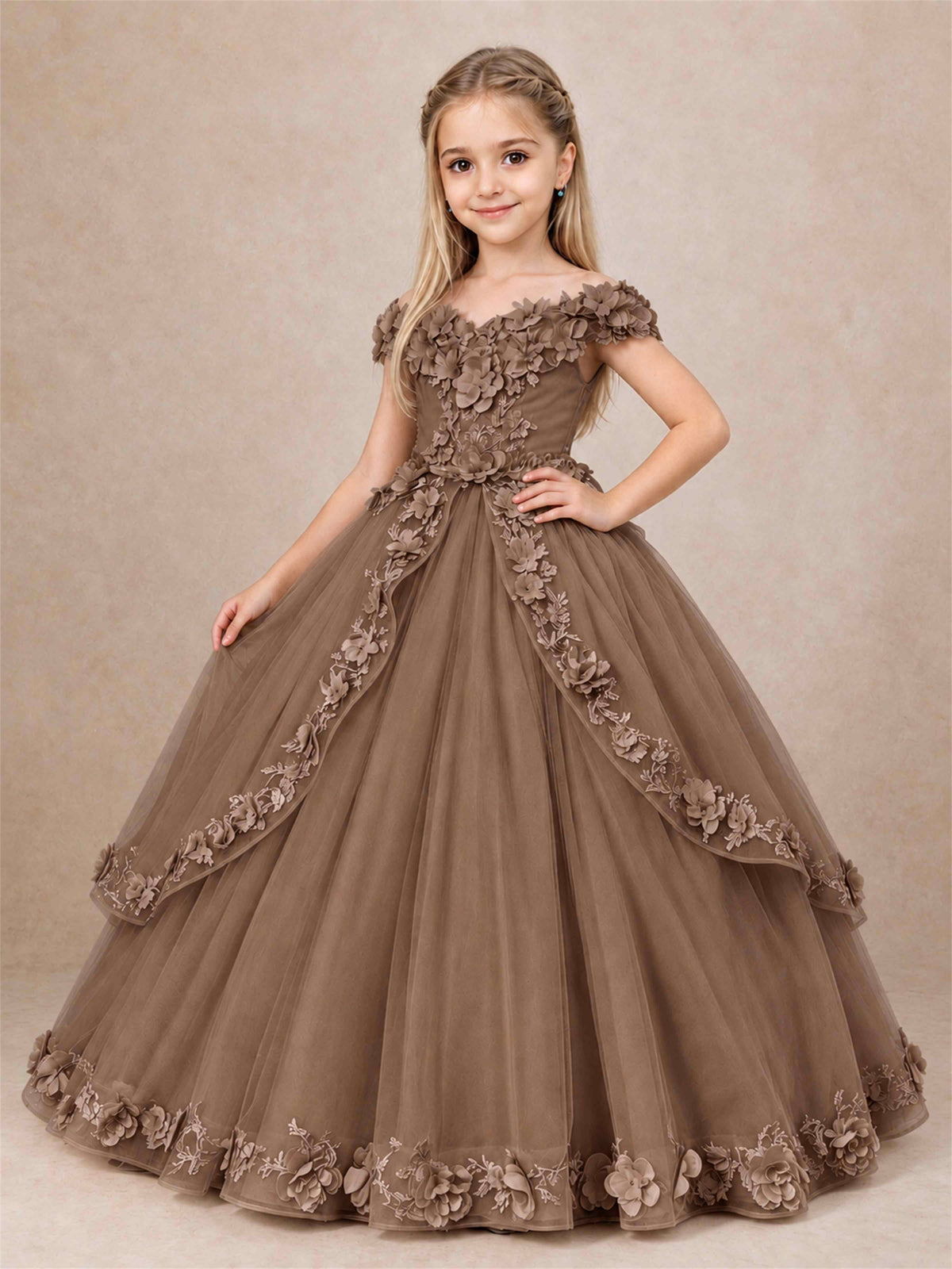 Girls Pageant Dresses Off Shoulder 3D Floral Tulle Long Ball Gown for Wedding Flower Girl