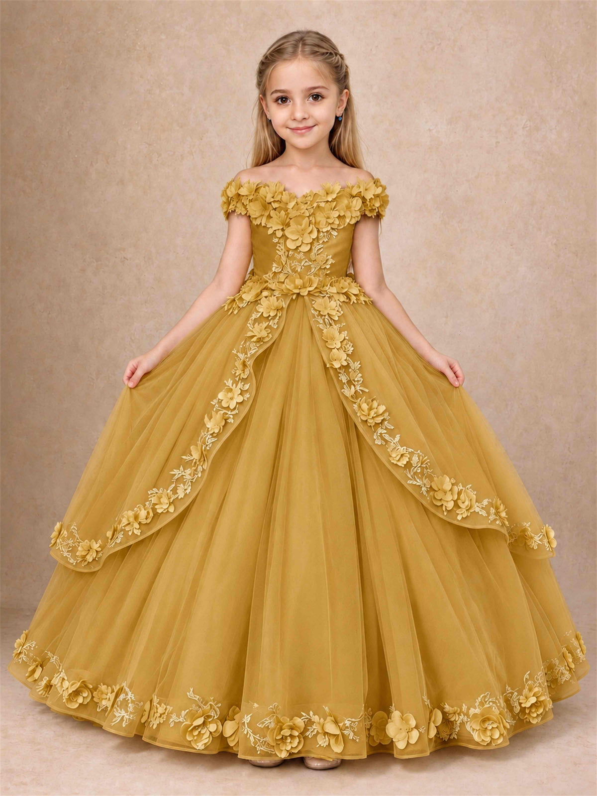 Girls Pageant Dresses Off Shoulder 3D Floral Tulle Long Ball Gown for Wedding Flower Girl