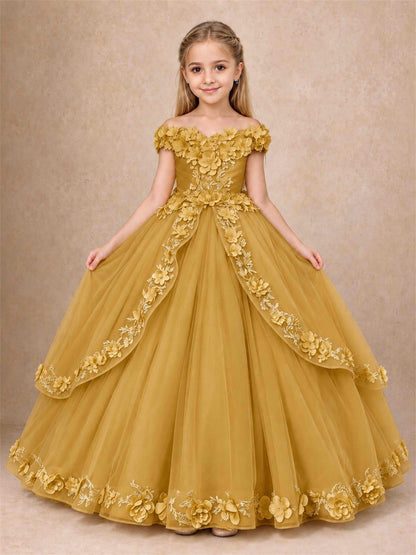 Girls Pageant Dresses Off Shoulder 3D Floral Tulle Long Ball Gown for Wedding Flower Girl