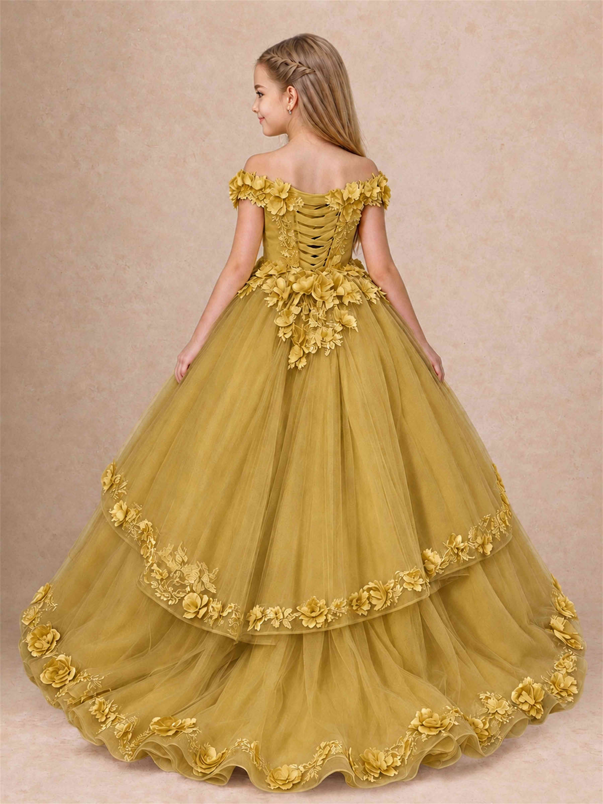 Girls Pageant Dresses Off Shoulder 3D Floral Tulle Long Ball Gown for Wedding Flower Girl