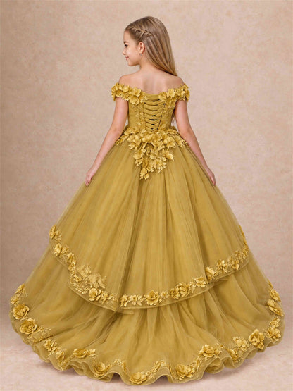Girls Pageant Dresses Off Shoulder 3D Floral Tulle Long Ball Gown for Wedding Flower Girl