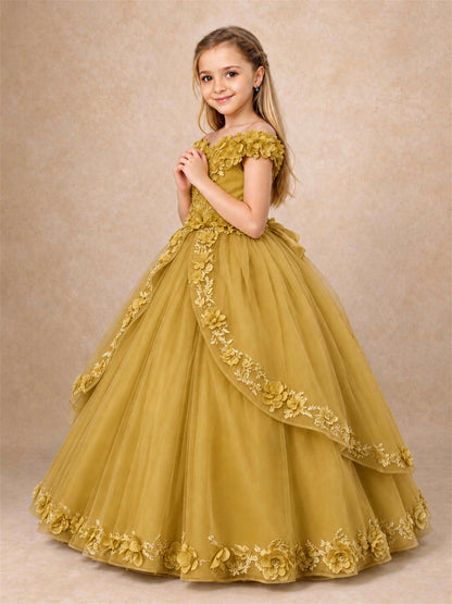 Girls Pageant Dresses Off Shoulder 3D Floral Tulle Long Ball Gown for Wedding Flower Girl