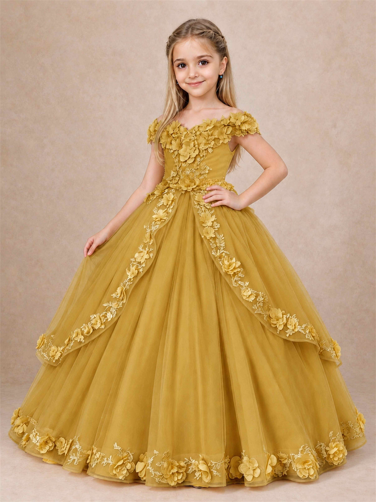 Girls Pageant Dresses Off Shoulder 3D Floral Tulle Long Ball Gown for Wedding Flower Girl