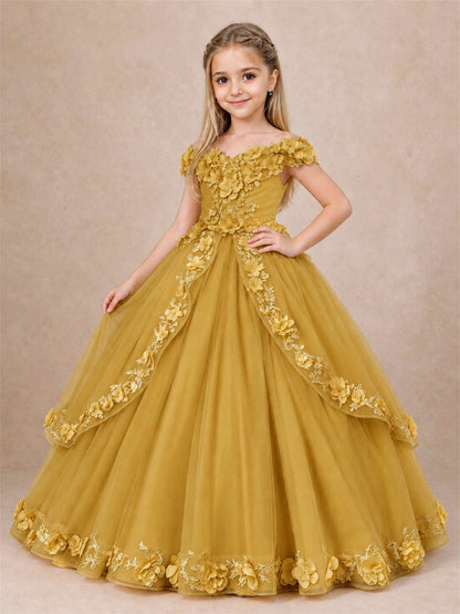 Girls Pageant Dresses Off Shoulder 3D Floral Tulle Long Ball Gown for Wedding Flower Girl
