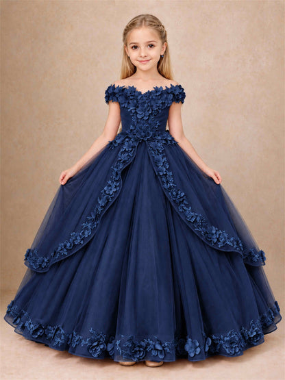 Girls Pageant Dresses Off Shoulder 3D Floral Tulle Long Ball Gown for Wedding Flower Girl