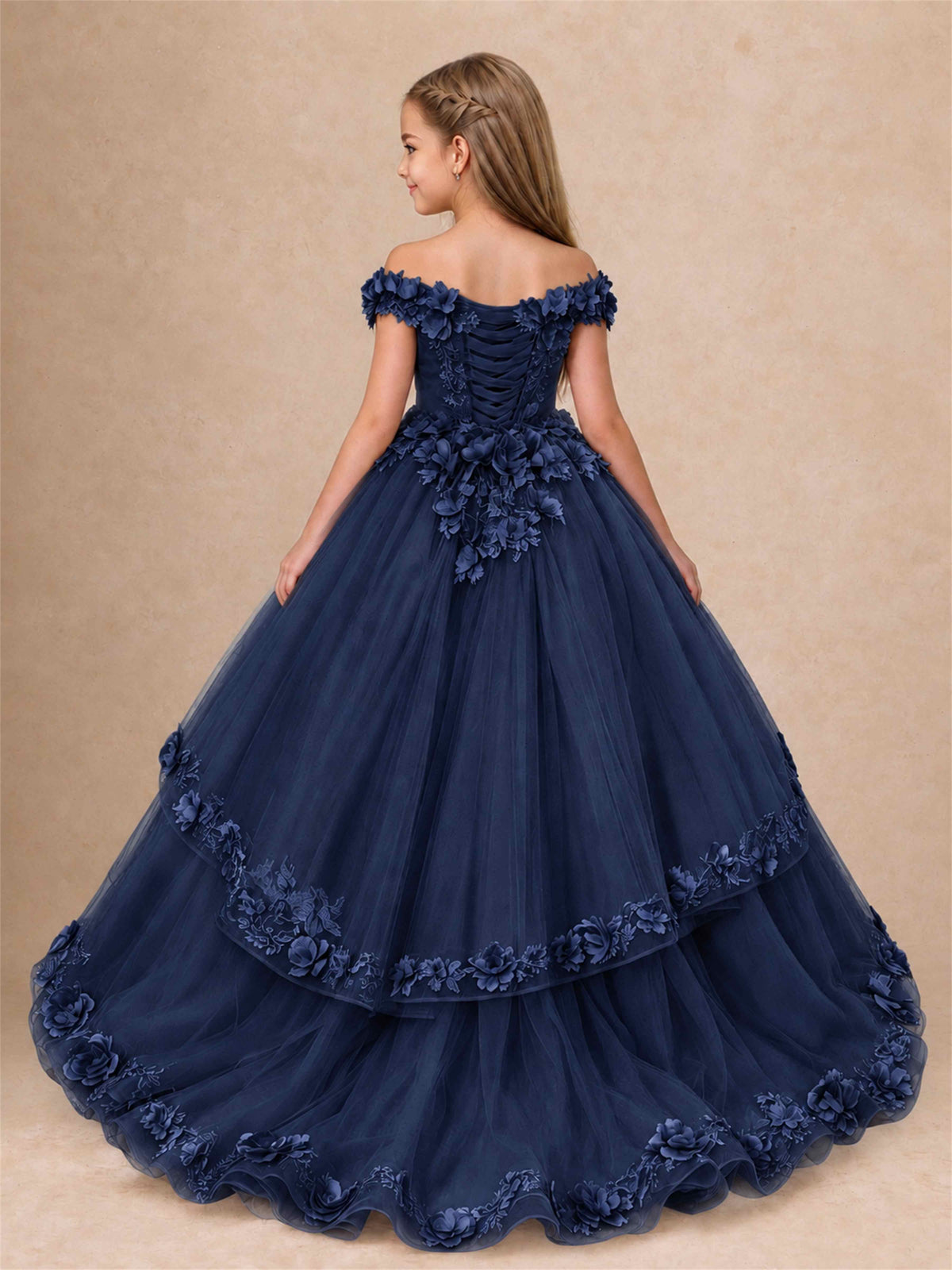 Girls Pageant Dresses Off Shoulder 3D Floral Tulle Long Ball Gown for Wedding Flower Girl