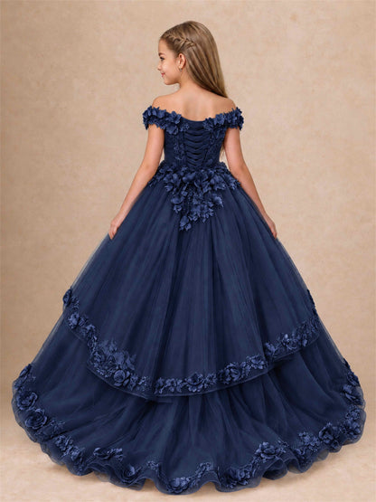 Girls Pageant Dresses Off Shoulder 3D Floral Tulle Long Ball Gown for Wedding Flower Girl