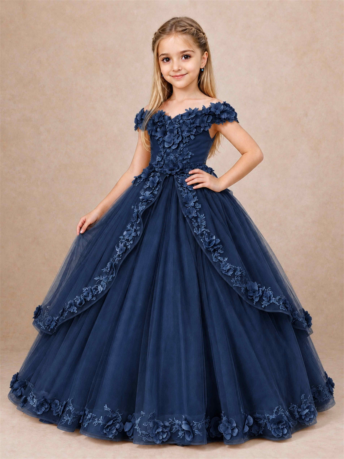 Girls Pageant Dresses Off Shoulder 3D Floral Tulle Long Ball Gown for Wedding Flower Girl