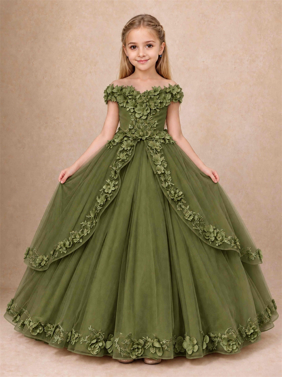 Girls Pageant Dresses Off Shoulder 3D Floral Tulle Long Ball Gown for Wedding Flower Girl