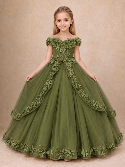 Girls Pageant Dresses Off Shoulder 3D Floral Tulle Long Ball Gown for Wedding Flower Girl