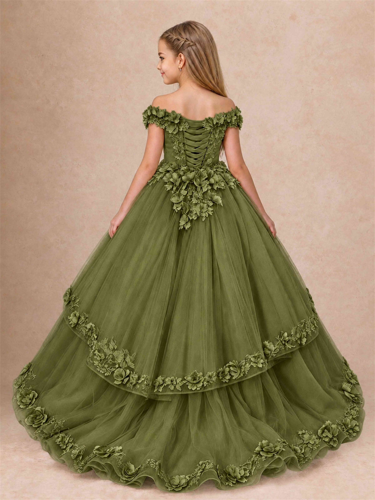 Girls Pageant Dresses Off Shoulder 3D Floral Tulle Long Ball Gown for Wedding Flower Girl
