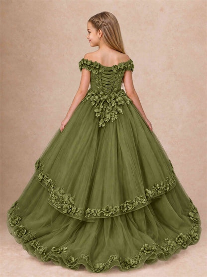 Girls Pageant Dresses Off Shoulder 3D Floral Tulle Long Ball Gown for Wedding Flower Girl