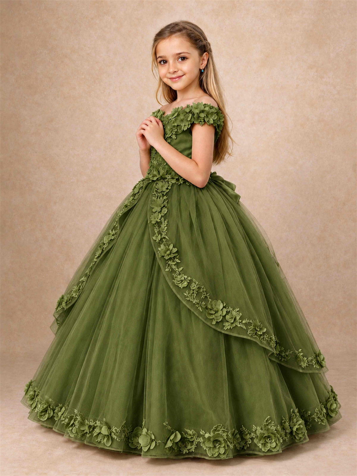 Girls Pageant Dresses Off Shoulder 3D Floral Tulle Long Ball Gown for Wedding Flower Girl