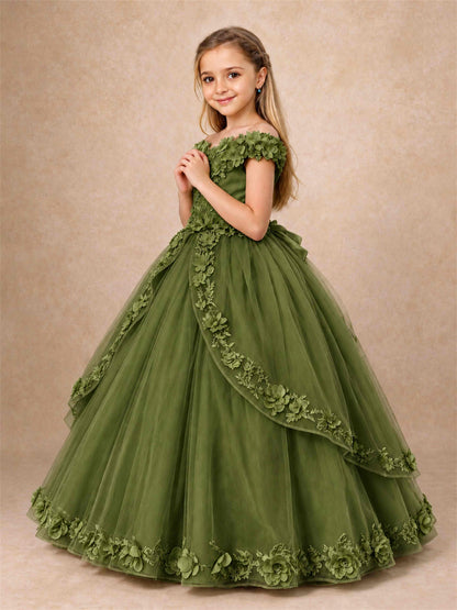 Girls Pageant Dresses Off Shoulder 3D Floral Tulle Long Ball Gown for Wedding Flower Girl