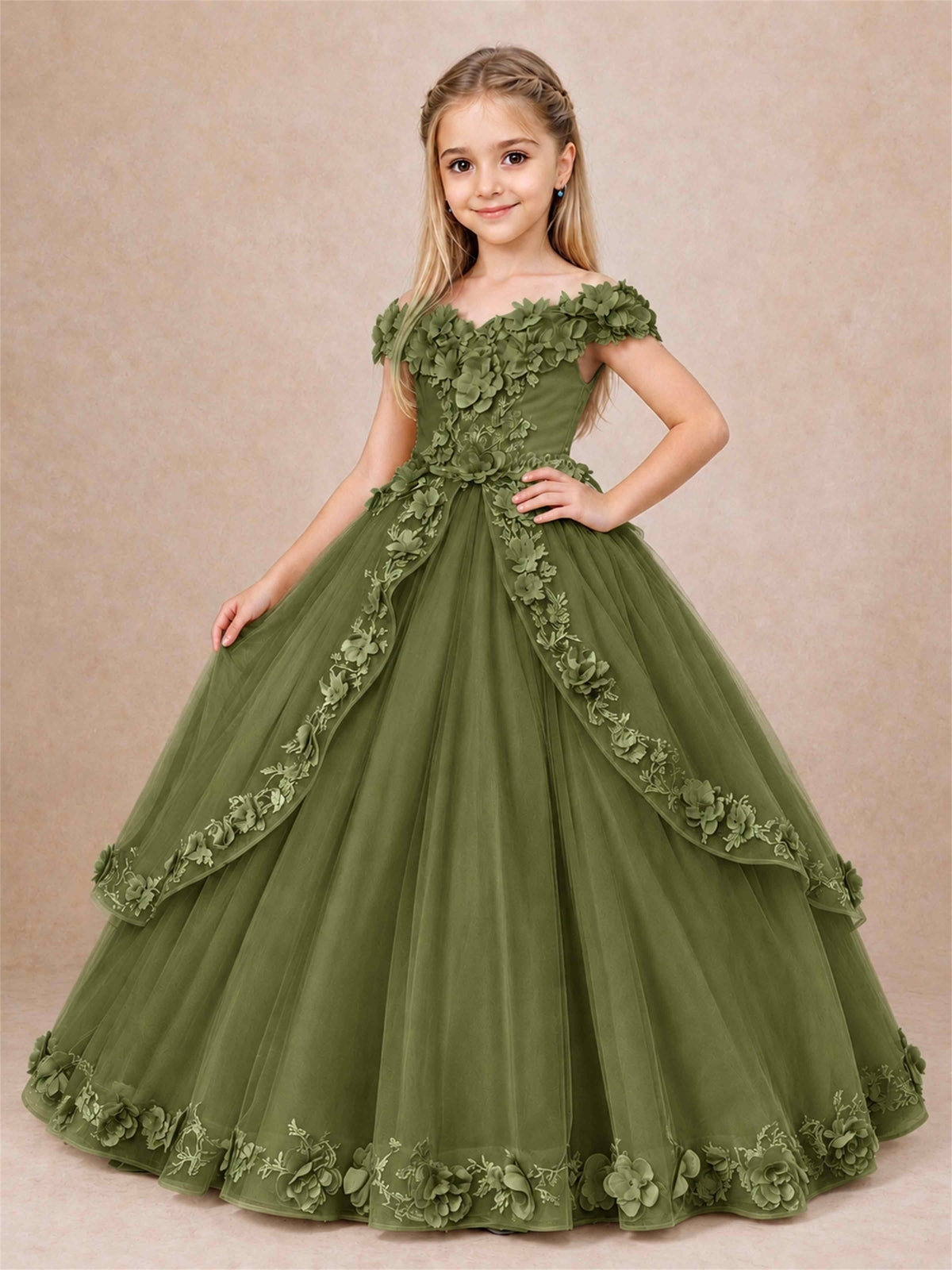 Girls Pageant Dresses Off Shoulder 3D Floral Tulle Long Ball Gown for Wedding Flower Girl