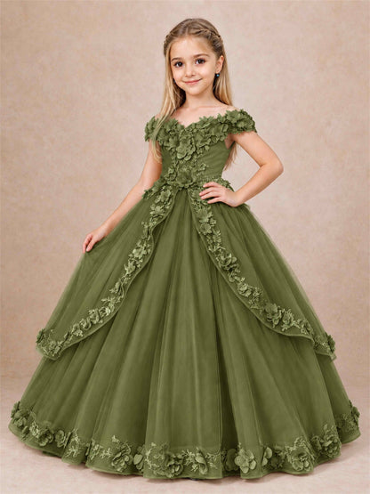 Girls Pageant Dresses Off Shoulder 3D Floral Tulle Long Ball Gown for Wedding Flower Girl