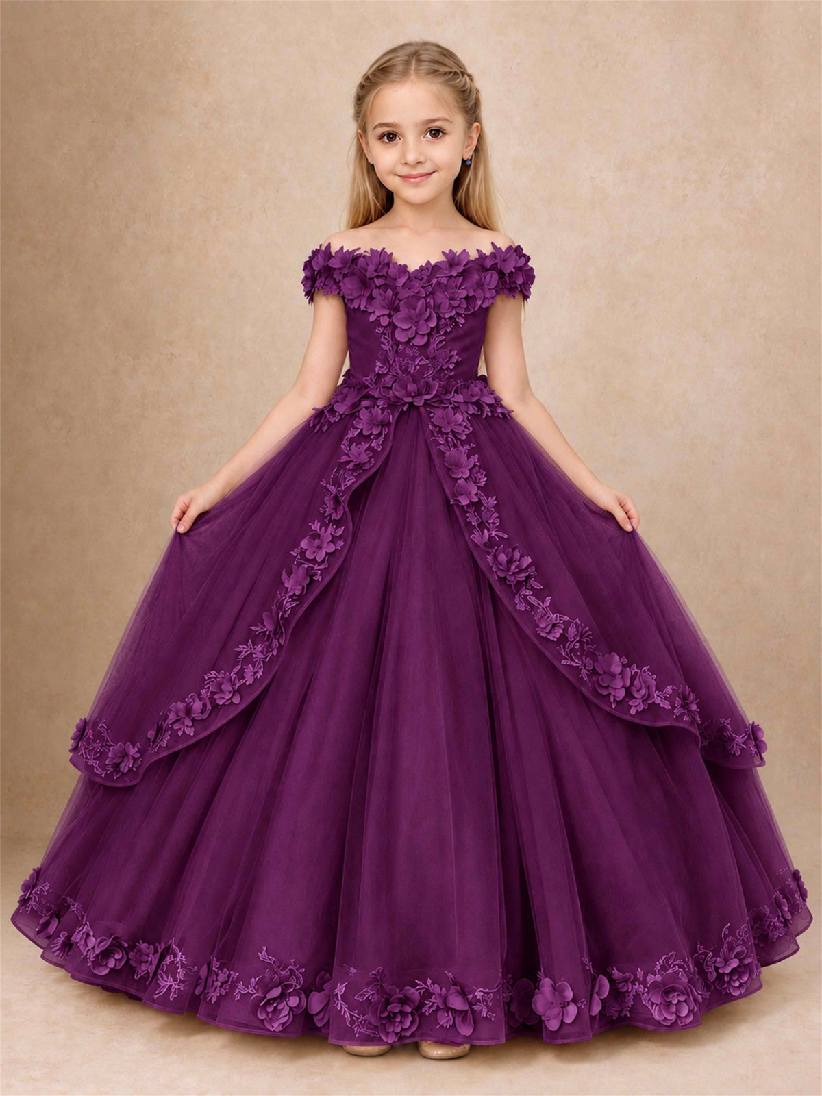 Girls Pageant Dresses Off Shoulder 3D Floral Tulle Long Ball Gown for Wedding Flower Girl