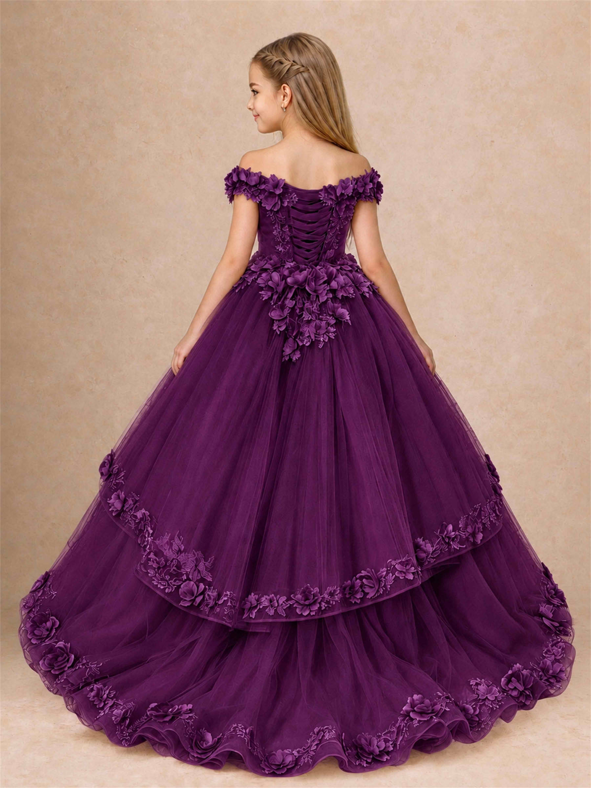 Girls Pageant Dresses Off Shoulder 3D Floral Tulle Long Ball Gown for Wedding Flower Girl