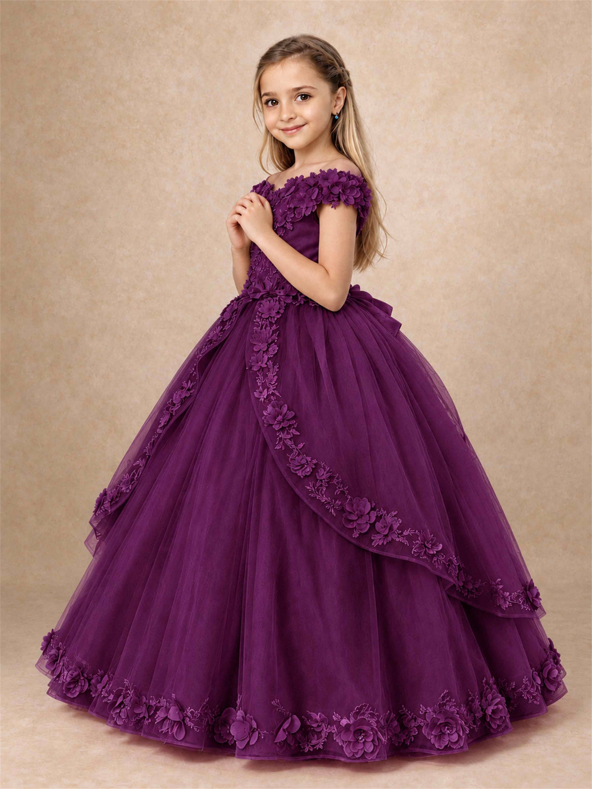 Girls Pageant Dresses Off Shoulder 3D Floral Tulle Long Ball Gown for Wedding Flower Girl