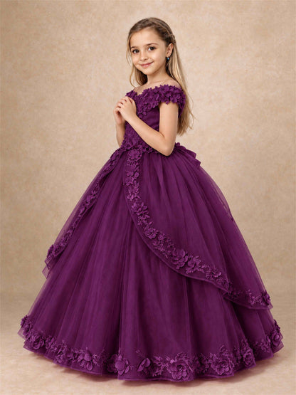 Girls Pageant Dresses Off Shoulder 3D Floral Tulle Long Ball Gown for Wedding Flower Girl