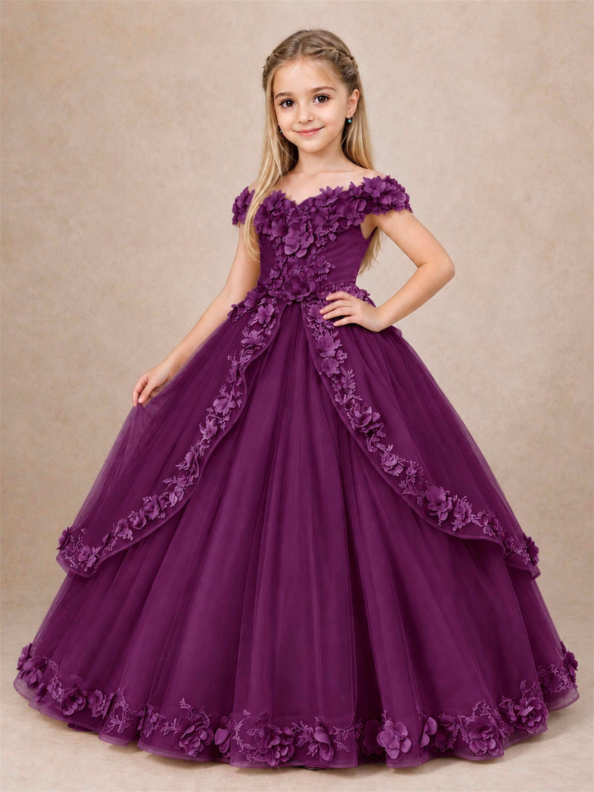 Girls Pageant Dresses Off Shoulder 3D Floral Tulle Long Ball Gown for Wedding Flower Girl