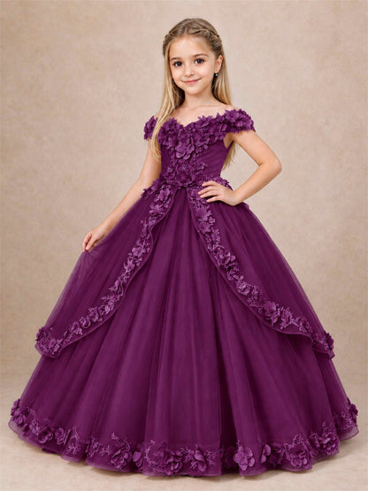 Girls Pageant Dresses Off Shoulder 3D Floral Tulle Long Ball Gown for Wedding Flower Girl