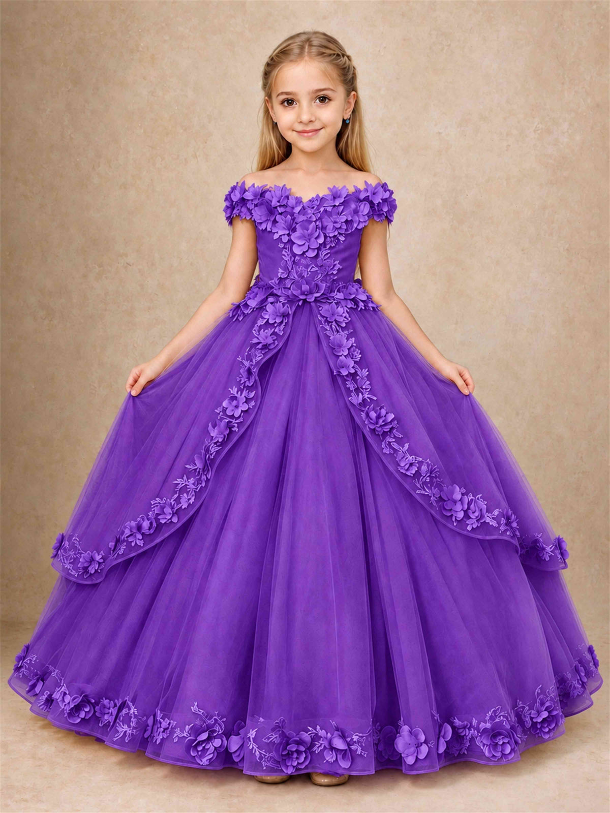 Girls Pageant Dresses Off Shoulder 3D Floral Tulle Long Ball Gown for Wedding Flower Girl