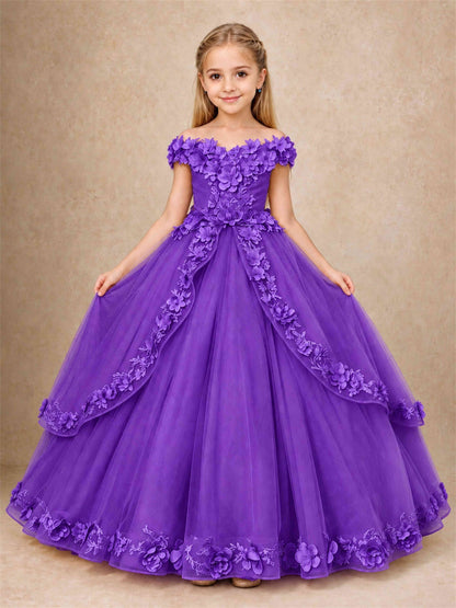 Girls Pageant Dresses Off Shoulder 3D Floral Tulle Long Ball Gown for Wedding Flower Girl