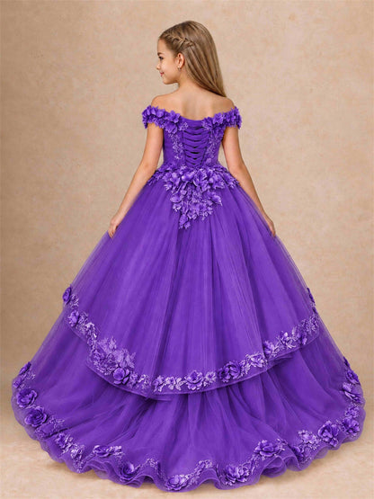 Girls Pageant Dresses Off Shoulder 3D Floral Tulle Long Ball Gown for Wedding Flower Girl